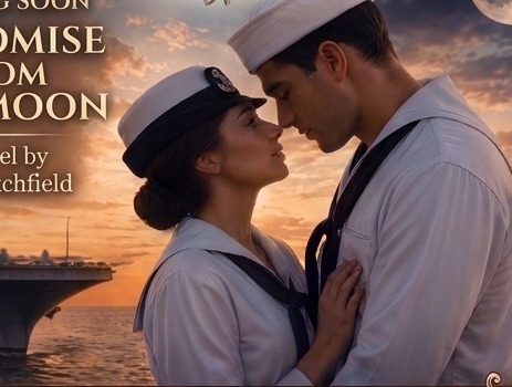 A sailor and a woman in naval dress whites stand forehead to forehead at sunset, with an aircraft carrier and a full moon behind them.